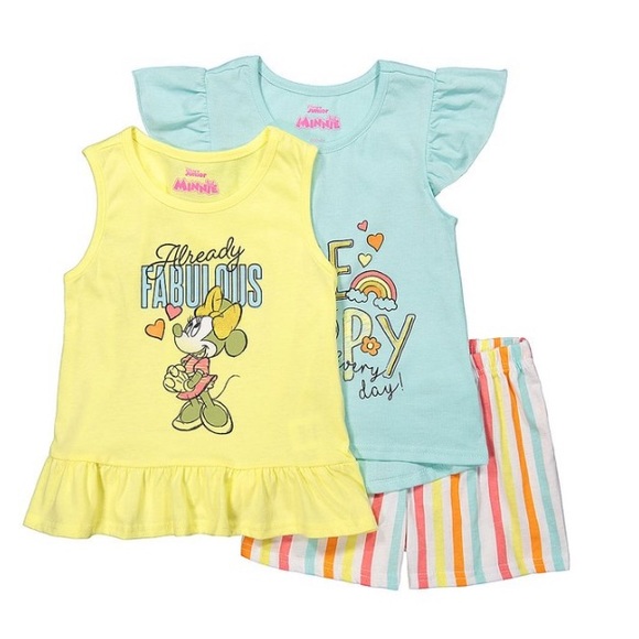 Disney’s Minnie Mouse Teal “Be Happy” 3 Piece Shorts Set Baby Girl 12 Months - Picture 1 of 5